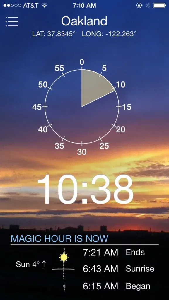 Magic Hour app showing golden and blue hour times
