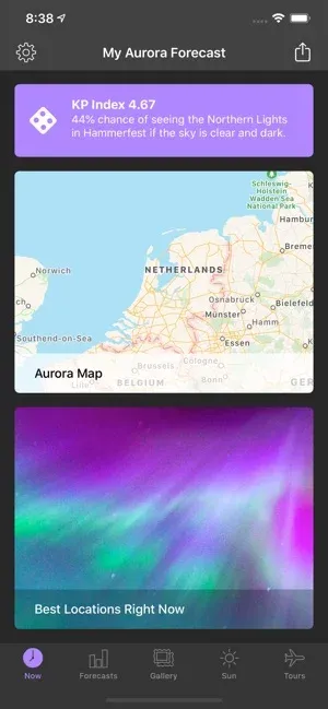 My Aurora Forecast app showing northern lights activity