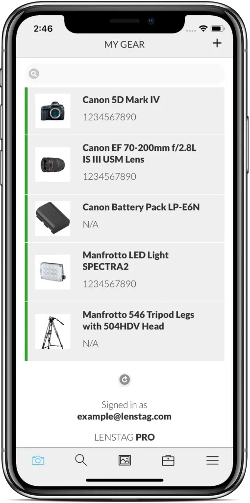 Lenstag app for registering camera gear