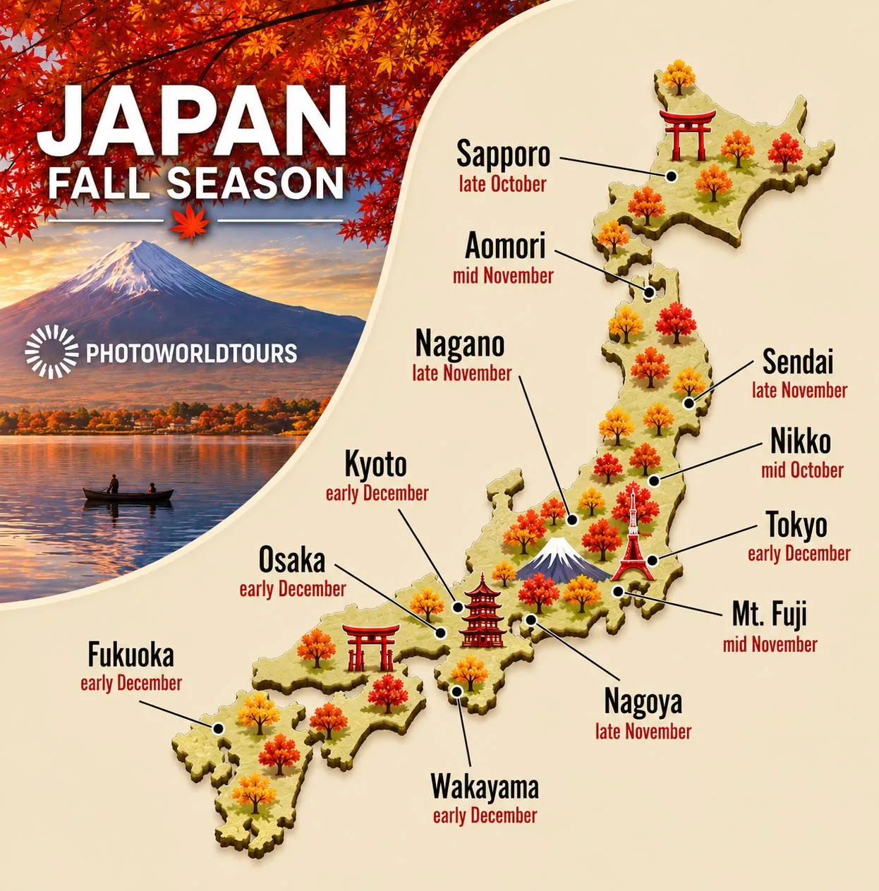 Mapa de Japón con la previsión de colores otoñales