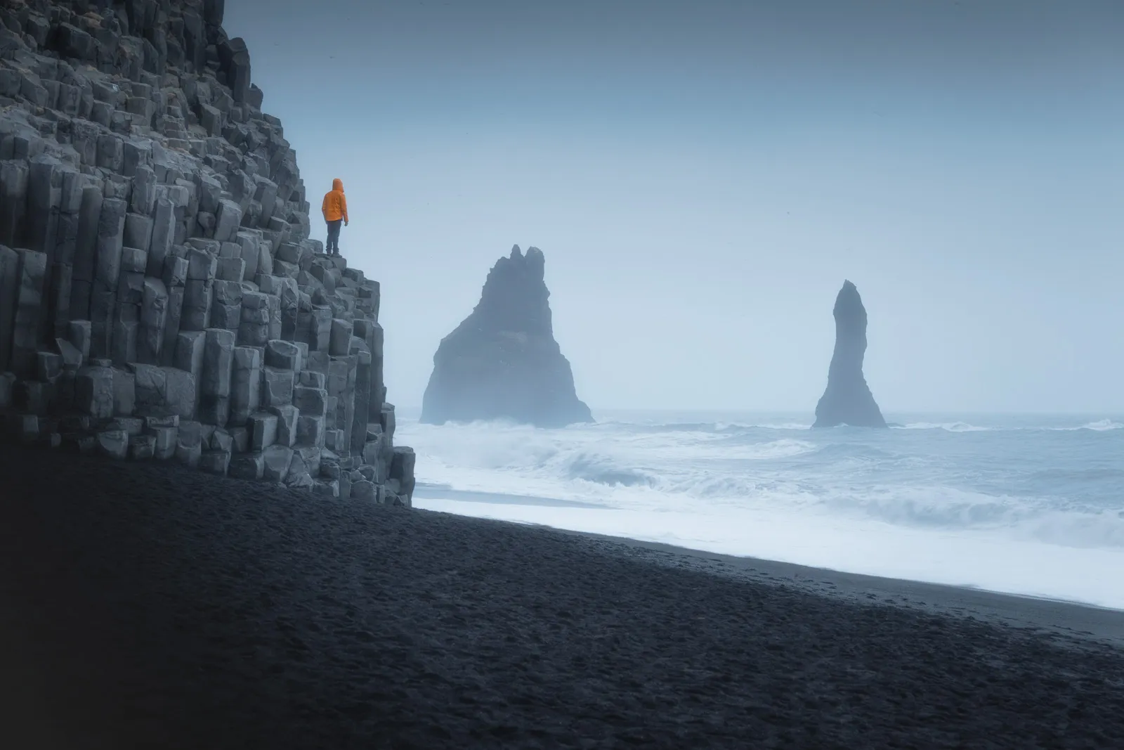 Basalt sea stacks at Reynisfjara black sand beach, Iceland