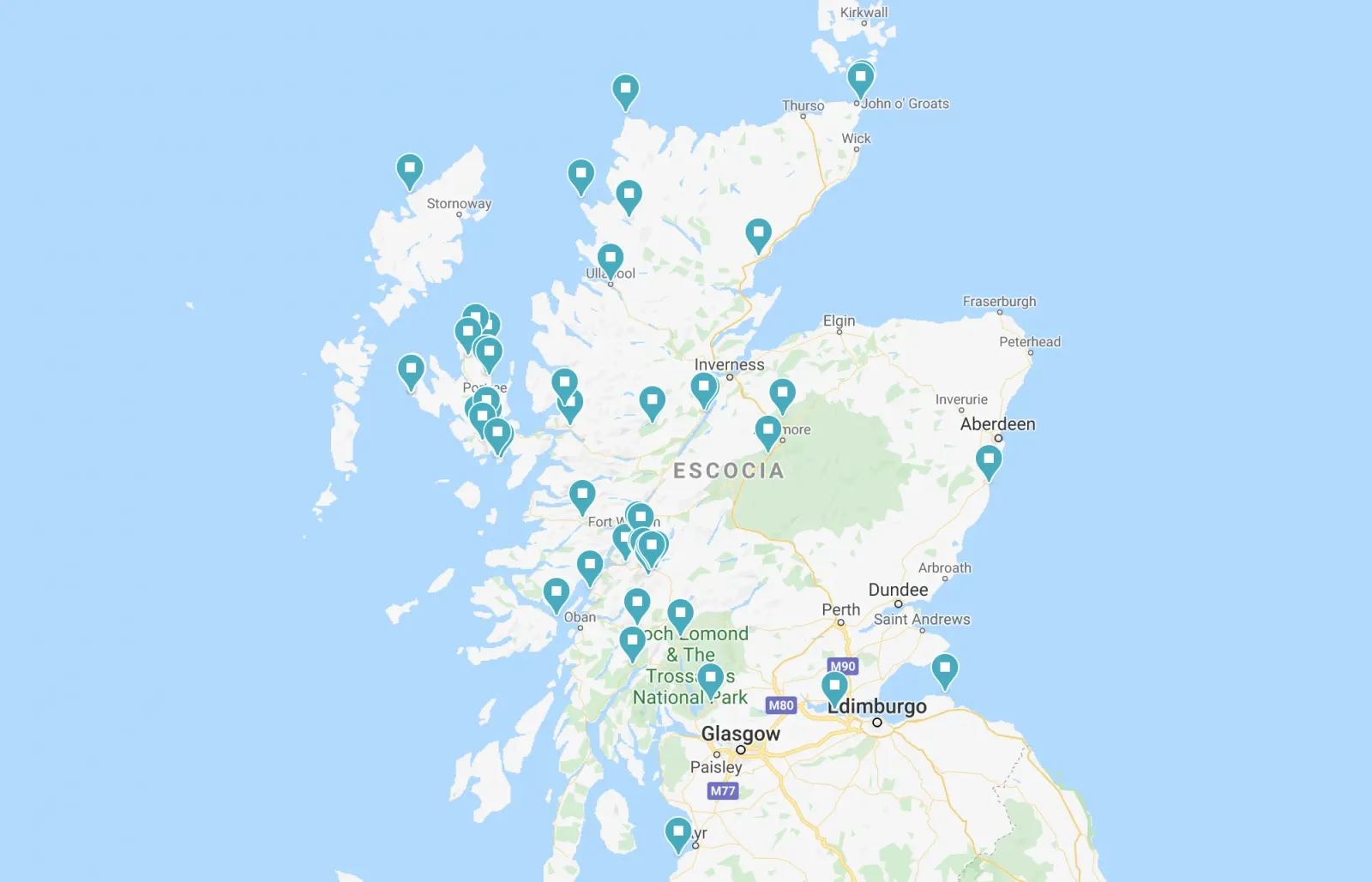 Mapa fotográfico de Escocia con localizaciones