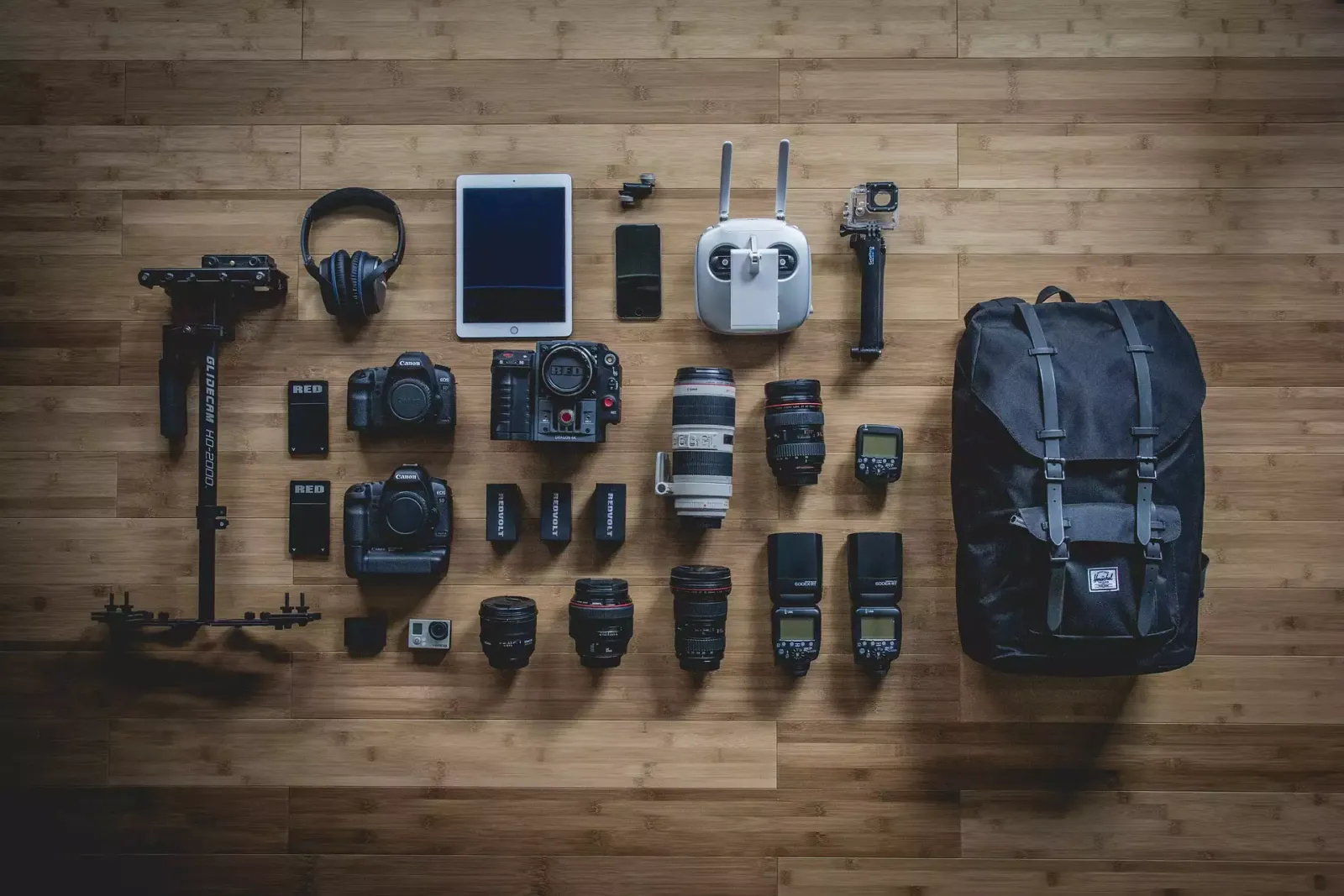 Equipo fotográfico y objetos de viaje para un tour fotográfico