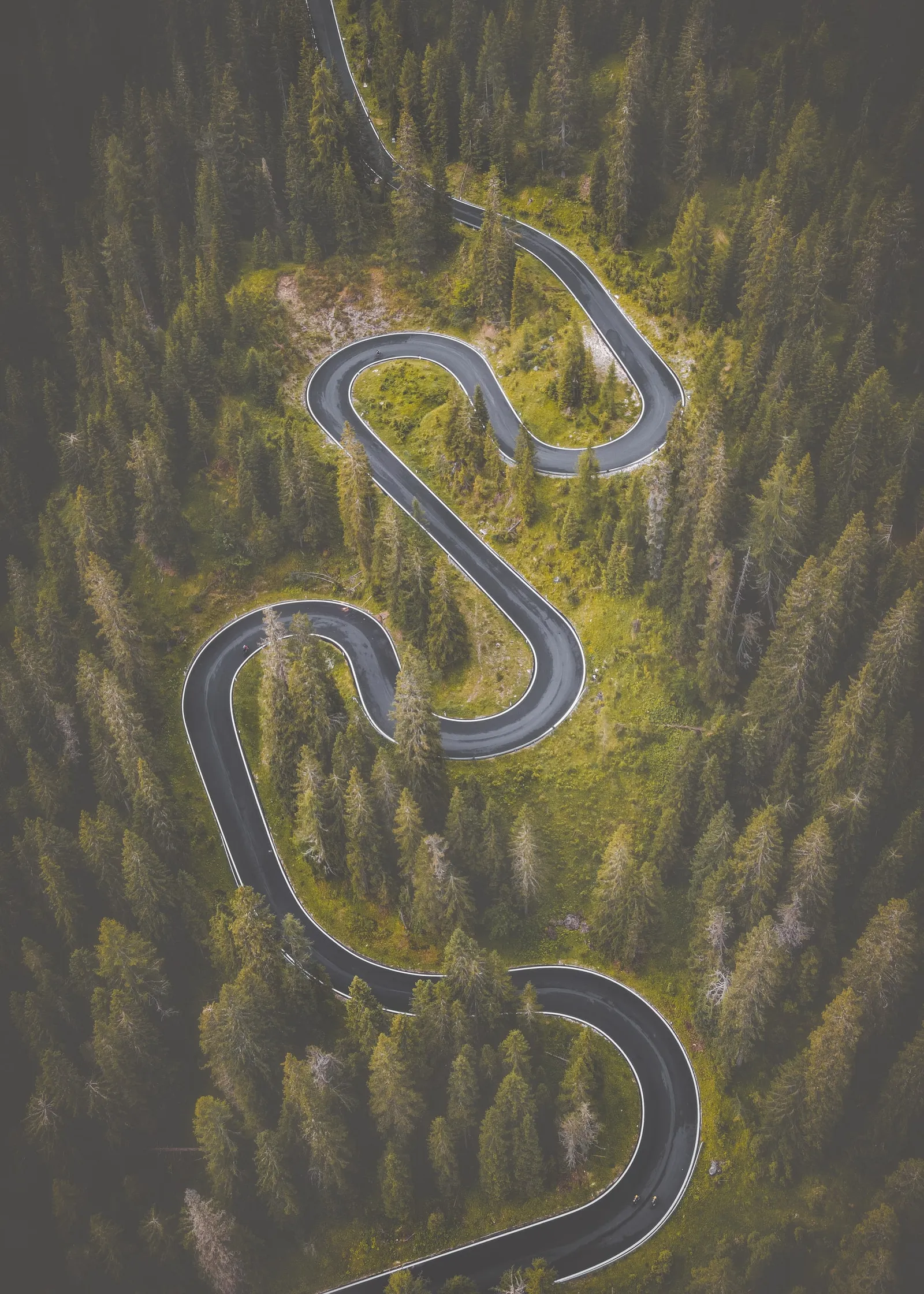 Carretera de puerto de montaña entre el bosque vista desde el aire