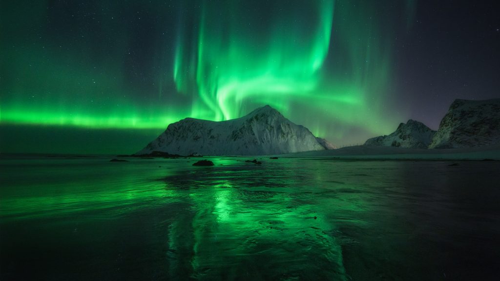 Aurora Boreal en las Islas Lofoten. Reflejo de auroras en la playa.