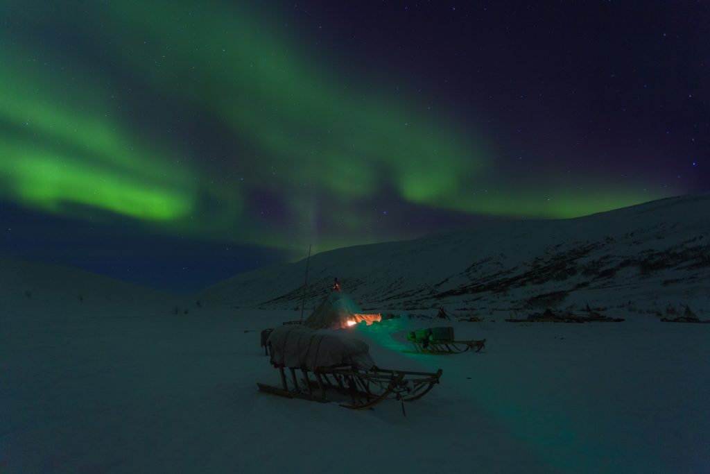 Northern Lights in Nenets camp, Yamal, Russia during winter