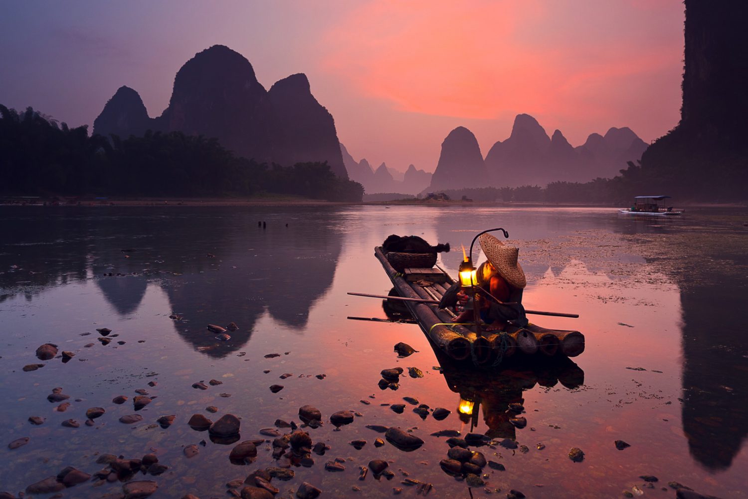 Pescador con cormorán en el río Li