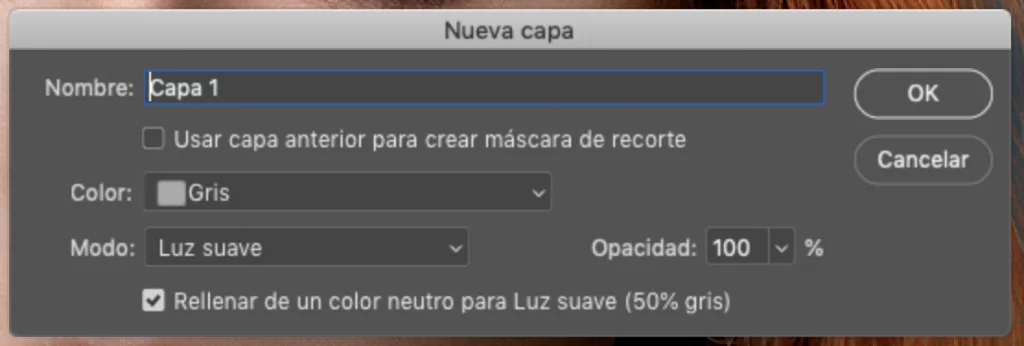 Crear una capa nueva en Photoshop con Gris Neutro