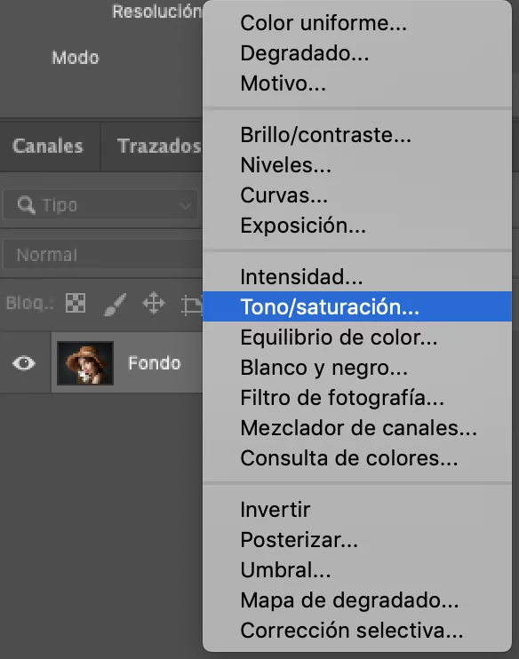 Capa de ajuste Tono Saturación en Photoshop para eliminar el color rojo de los ojos