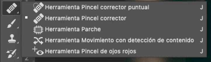 pincel corrector en photoshop para eliminar los granos de la cara