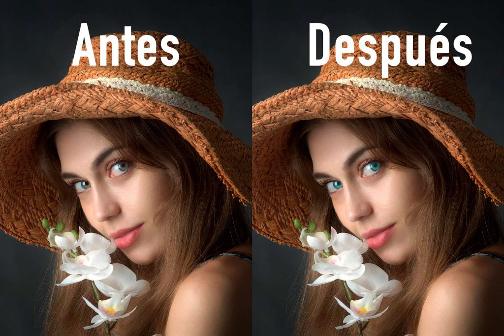 Before and after removing red color from eyes in Photoshop
