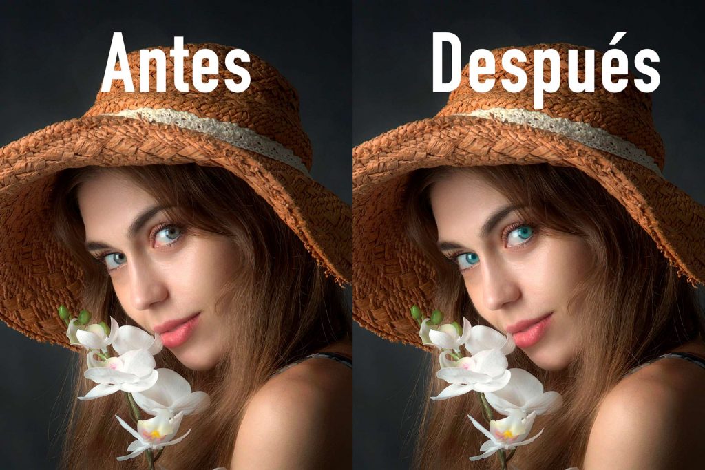 Antes y después de eliminar el color rojo de los ojos en Photoshop