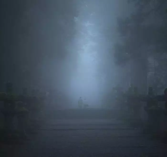 Shinto temple during fog