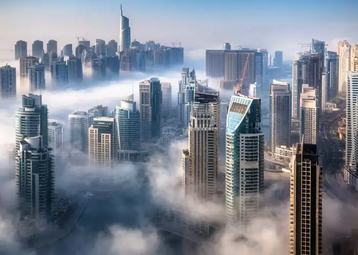 Dubai skyline, an impressive aerial top view of the city in Duba
