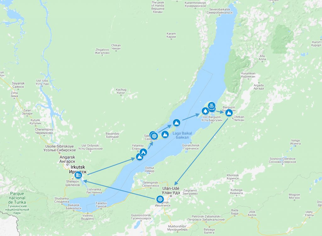 Mapa del viaje fotográfico al Lago Baikal