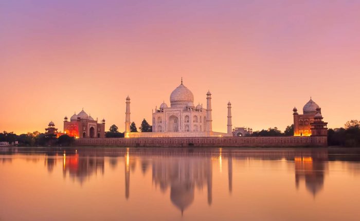 Taj Mahal in Agra, India on sunset