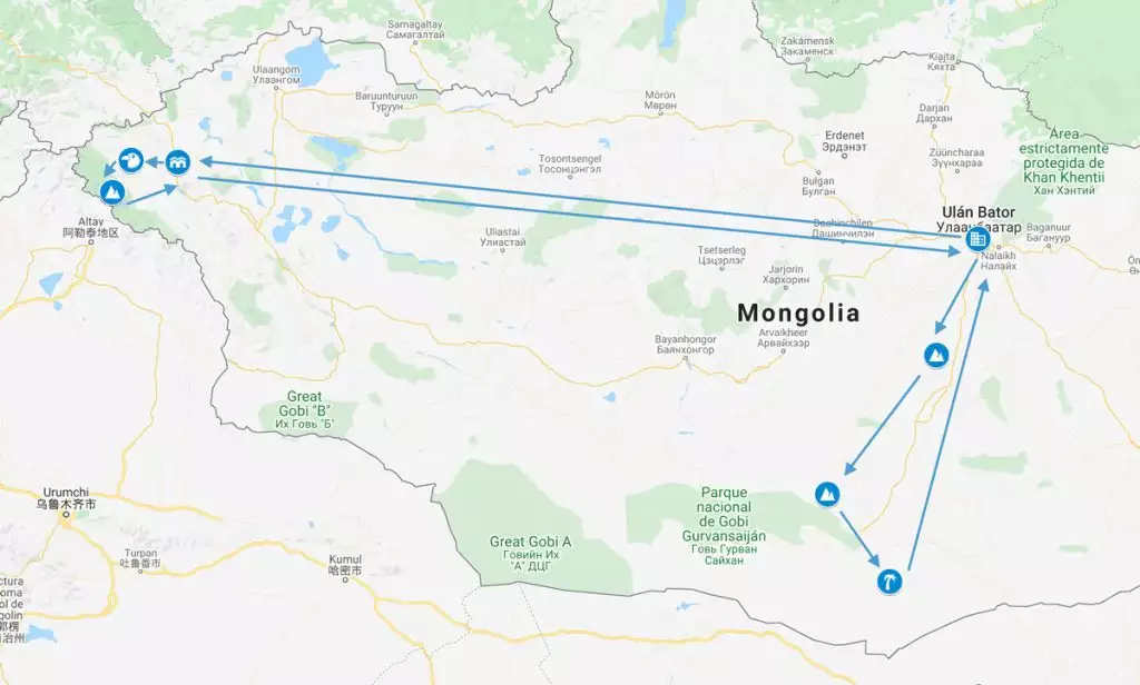 Mapa del viaje a Mongolia