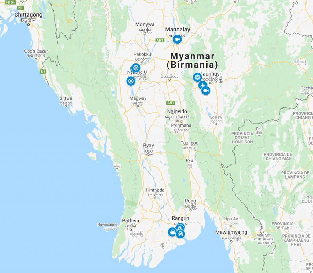 Mapa del viaje fotográfico a Myanmar