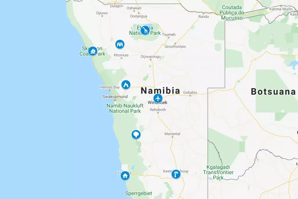 Mapa del viaje fotográfico por Namibia