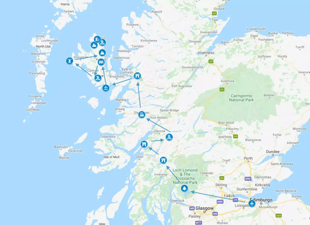 Mapa del viaje a Escocia