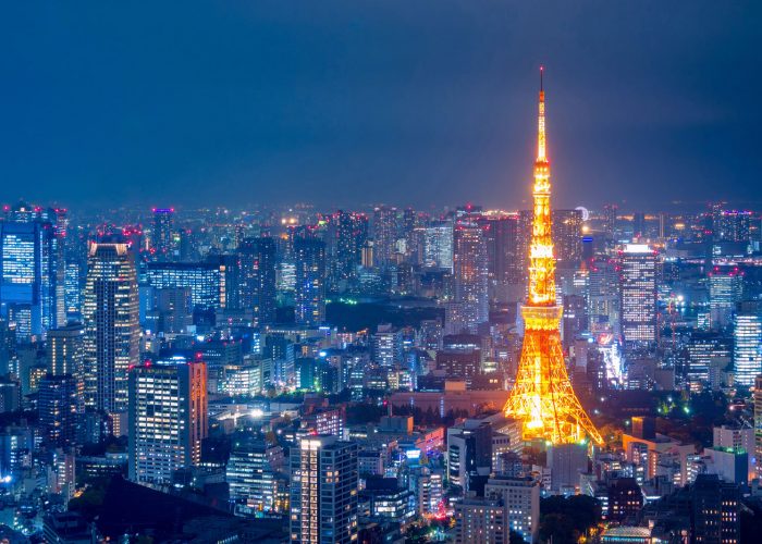 Paisaje urbano de Tokio iluminado contra el cielo por la noche