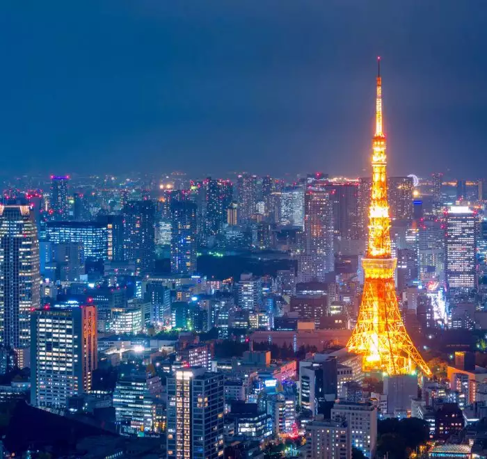 Paisaje urbano de Tokio iluminado contra el cielo por la noche